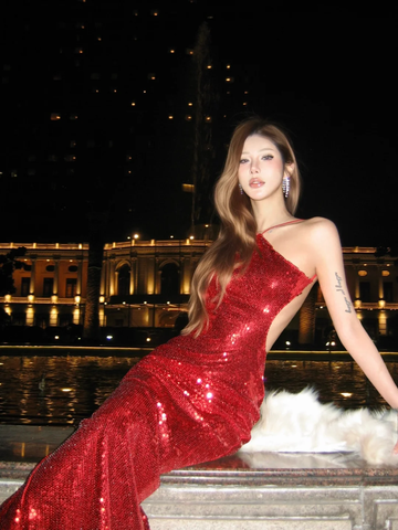 Sexy Red Sheath Halter Sequin Open Back Prom Dress Party Dresses HZ1023